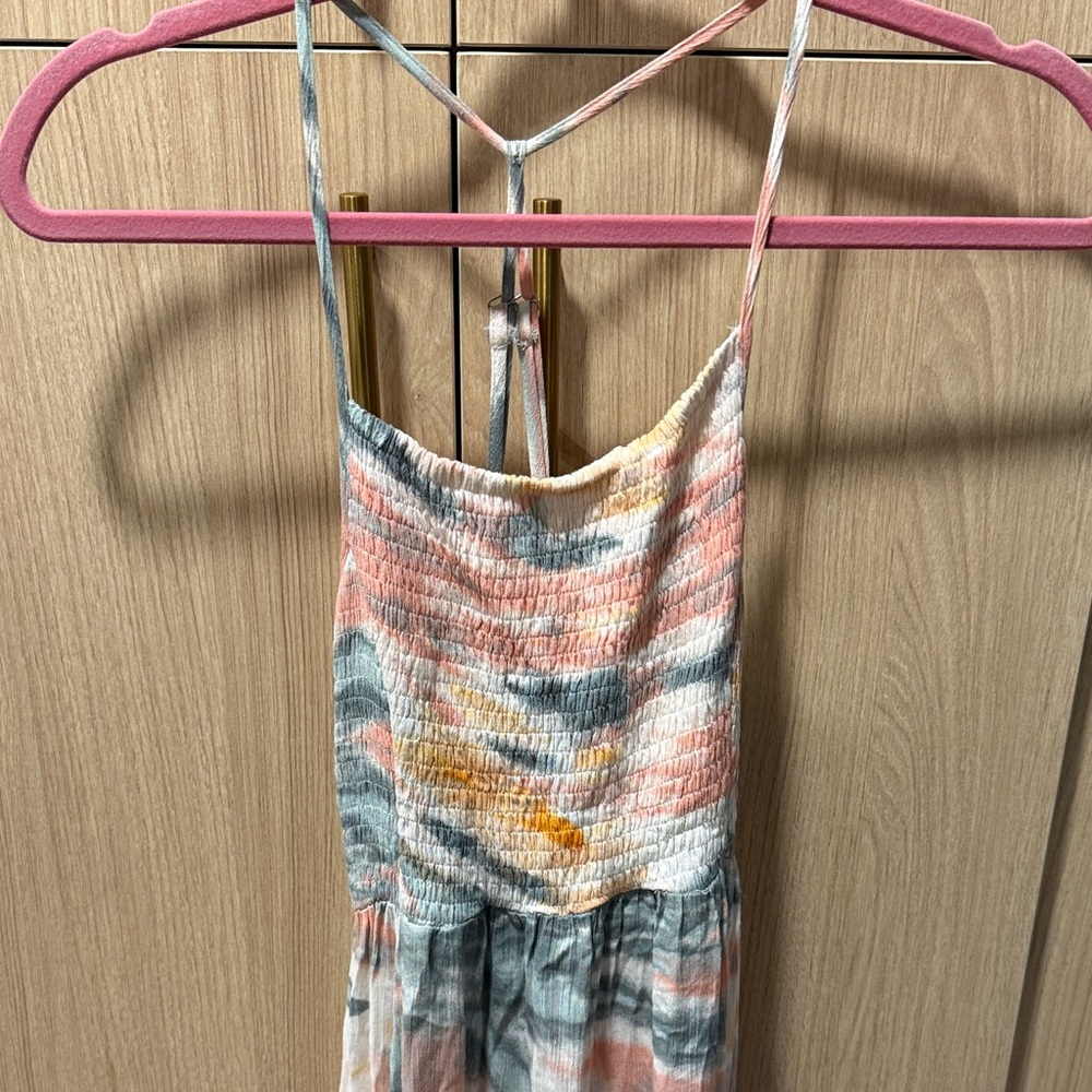 Smocked Tie-Back Maxi Dress in Pastel Watercolor Print